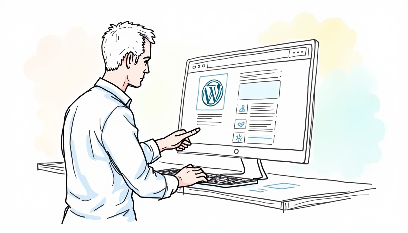 Imagine ilustrativă cu interfața WordPress pe un laptop, simbolizând crearea unui site web