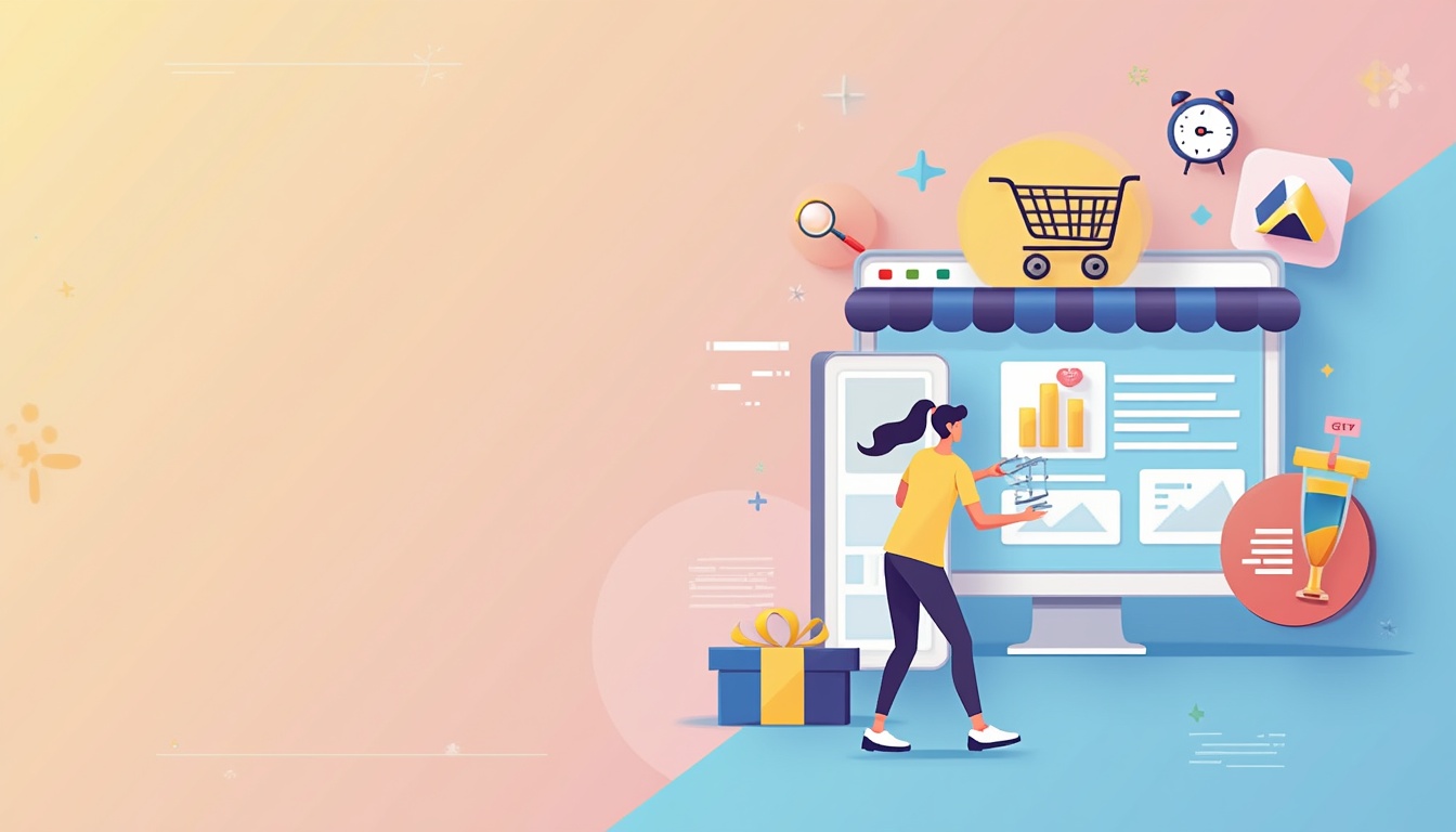 Ilustrație cu procesul de creare magazin online și succes în e-commerce, cu elemente digitale și produse.