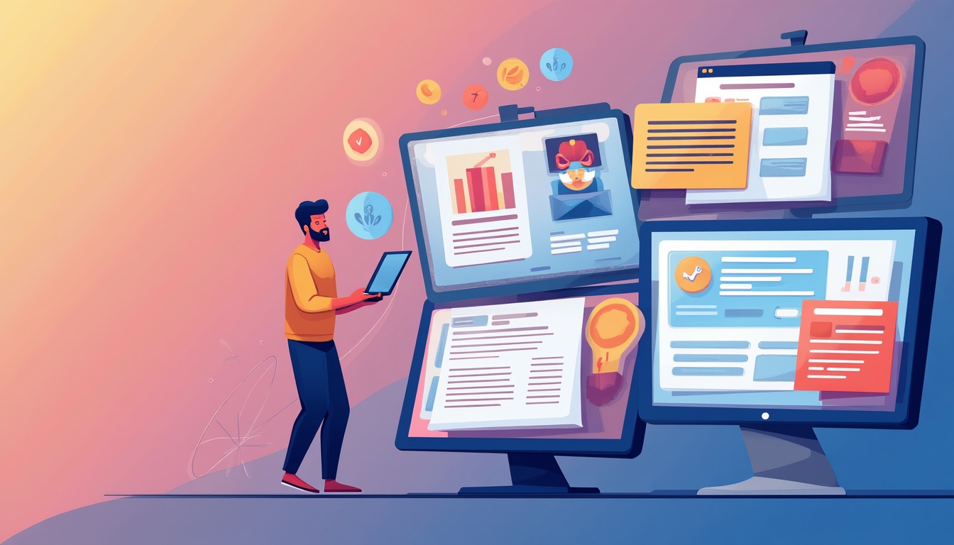 Ilustrație cu elemente de realizare site web, cod, design, strategii SEO și analytics