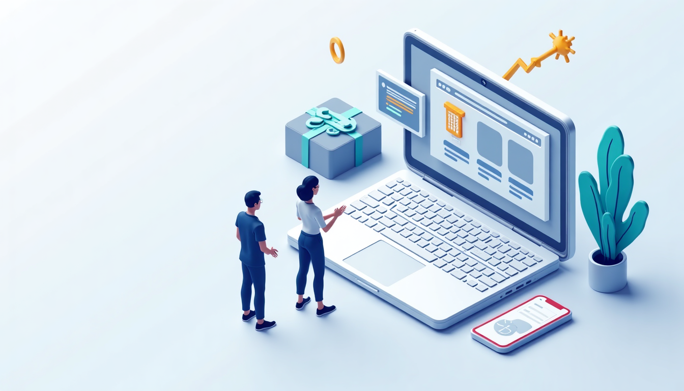 Ilustrație cu un site web profesional și elemente de design, simbolizând secretele unei creări de succes.